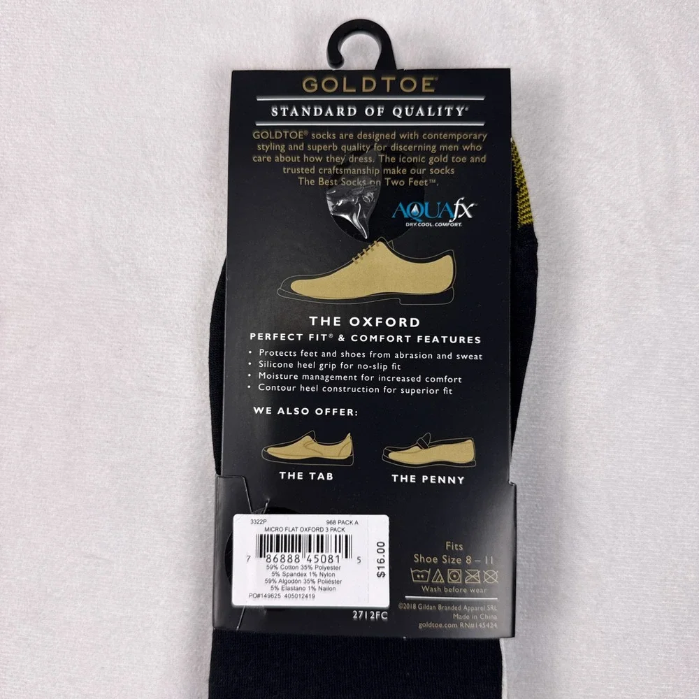 Goldtoe Mens Oxford No Show Socks 3 Pair Grey Black Shoe Size 8-11 Cotton Blend